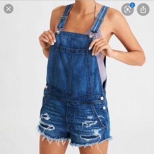 American Eagle cutoff denim overall shorts